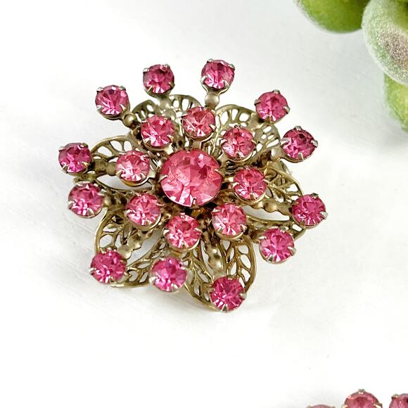 Vintage Pink Rhinestone Flower Burst Brooch & Clip Earring Set - Picture 4 of 6